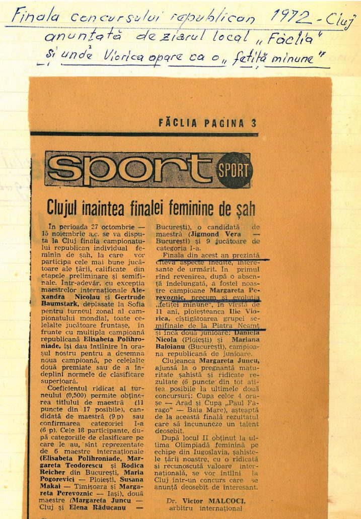 1972 - Finala Campionatului național feminin, Cluj. Articol în ziarul local "Făclia", în care Viorica Ionescu este numită "fetița minune"!